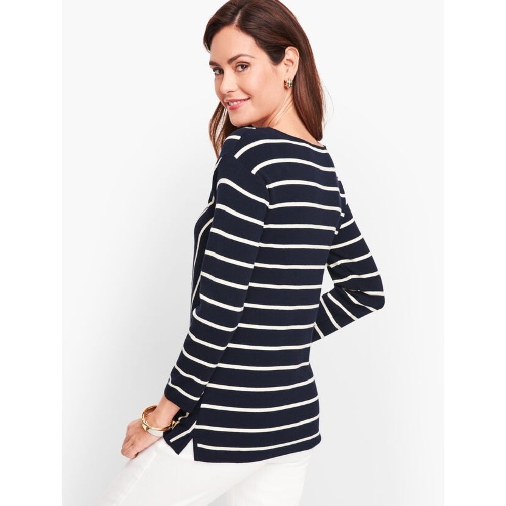 Talbots Womens Navy Blue White Striped Chevron V-Neck Knit Sweater Preppy Size S - Picture 3 of 8